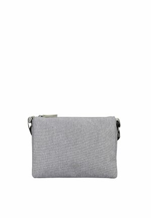 Piccola borsa a tracolla rettangolare grigia in tessuto con chiusura con cerniera e tracolla regolabile, con un logo discreto sul davanti.