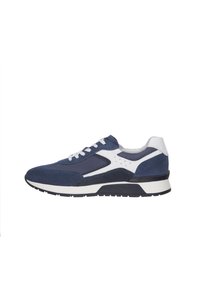 Sneaker blu navy con materiali in suede e mesh, dettagli bianchi, design con lacci e suola nera spessa per supporto e trazione.
