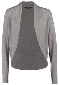 Cardigan gris con textura acanalada, diseño de frente abierto, mangas largas y un ajuste relajado con un dobladillo ligeramente asimétrico. Material suave.