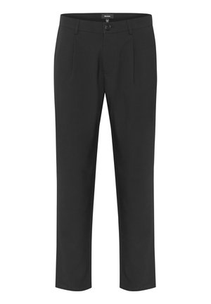 Black trousers with a flat front, two side pockets, a button closure, and a straight-leg cut. Made of smooth fabric with minimal texture.