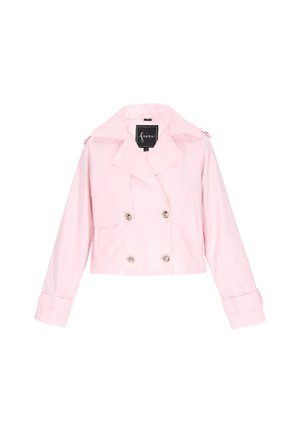 Lichtroze cropped jasje van een gladde stof, met een dubbelzijdige voorkant met zilveren knopen en brede revers. Inclusief details bij de manchetten.