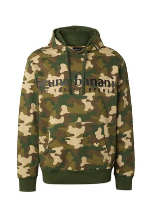 Sweat à capuche à motif camouflage avec poche avant et texte noir "bruno banani" sur la poitrine.