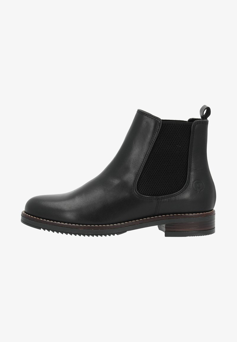 Bottine Chelsea noire en cuir lisse, avec des panneaux latéraux en élastique, un bout arrondi et une semelle en caoutchouc texturée, équipée d'une languette à l'arrière.