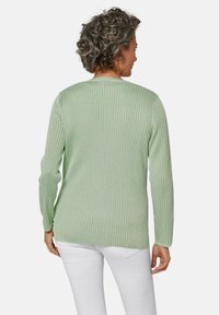Hellgrüner, gerippter Pullover mit langen Ärmeln und rundem Ausschnitt. Besitzt einen strukturierten Stoff und einen leicht längeren hinteren Saum.