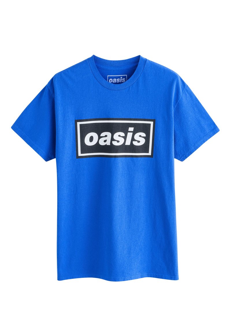 Blauw katoenen T-shirt met een ronde hals, met een grote zwarte rechthoekige afbeelding met het woord "oasis" in witte letters.