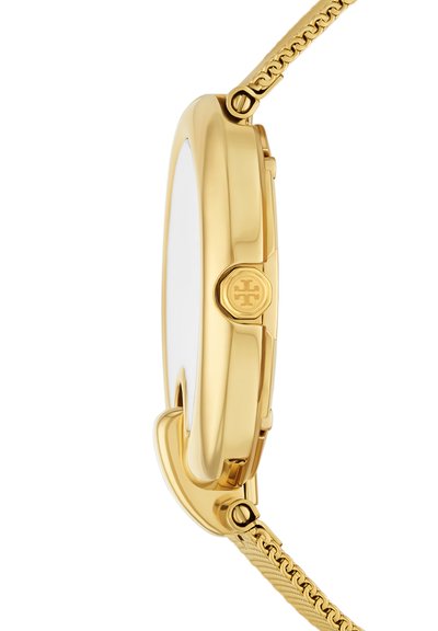 Seitenansicht eines goldfarbenen Uhrengehäuses mit abgerundeten Kanten und passendem Metall-Mesh-Armband.