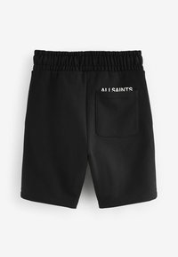 Svarta shorts med elastiskt midjeband, utrustade med en bakficka och vit "ALL SAINTS" text på sidan. Slät tygstruktur.