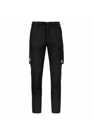 Pantaloni cargo neri con molte tasche, cintura in vita e un piccolo logo riflettente sulla tasca della coscia sinistra.