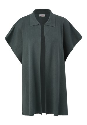 Donkergroene gebreide cardigan met een kraag, brede mouwen en een open voorkant, met een zachte textuur en een losse pasvorm.
