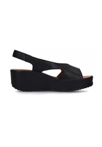 Sandali neri a zeppa con design slingback, punta aperta, dettagli traforati e una tomaia testurizzata con una suola in gomma resistente.