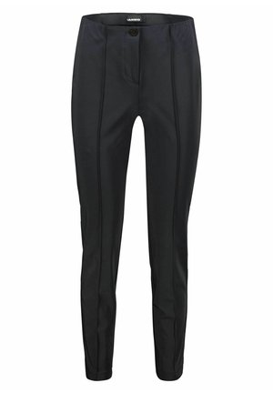 Pantalon noir slim ajusté avec coutures devant, fermeture par bouton et taille avec ceinture, présenté sur fond blanc.
