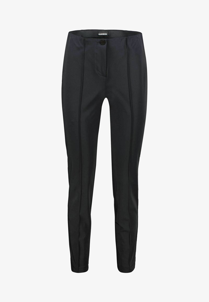 Pantalon noir slim ajusté avec coutures devant, fermeture par bouton et taille avec ceinture, présenté sur fond blanc.