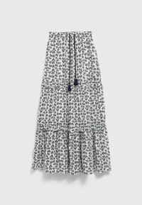 Maxikleid mit floralem Muster in Weiß und Navy, mit einem gestuften Design, elastischem Bund und Kordelzug mit Quasten.