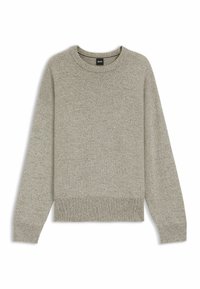 Maglione a maglia di un grigio chiaro con maniche lunghe, scollatura rotonda e polsini e orlo a coste. Tessuto morbido, trama uniforme con leggera variazione di colore.
