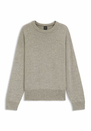 Lys grå strikket sweater med lange ærmer, rund halsudskæring og ribbede manchetter og kant. Blød tekstur, ensartet mønster med subtile farvevariationer.