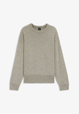 Light grey knitted sweater with long sleeves, round neckline, and ribbed cuffs and hem. Soft texture, even pattern with subtle color variation.