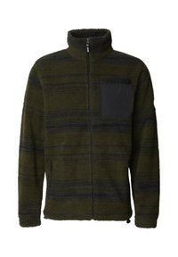 Fleecejakke i mørkegrønt med svarte horisontale striper, hel glidelås, høy krage og en svart brystlomme. Mykt, teksturert stoff.