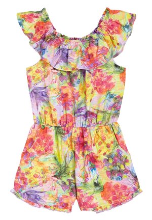 Ærmeløs børneuderdel med flæset halsudskæring, elastisk talje, sidelommer og farverigt tropisk frugt- og blomsterprint.