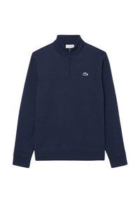 Pull de demi-zippé bleu marine en tissu doux, doté d'un logo crocodile brodé vert sur la poitrine gauche et de poignets côtelés.