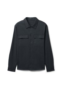 Camicia grigio scuro con colletto alla francese, due tasche sul petto e maniche lunghe con polsini abbottonati. Materiale testurizzato.