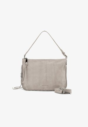 Sac à main en suède gris avec fermeture éclair, bandoulière fine et clous en métal argenté sur le côté. Comprend une bandoulière amovible et réglable.