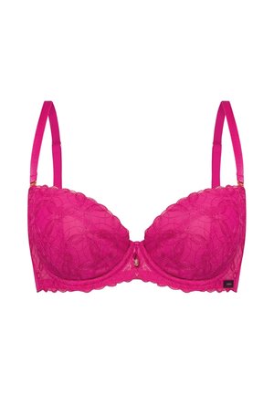 Różowy koronkowy biustonosz z falbaną, z fiszbinami i regulowanymi ramiączkami. Centralny detal z małą ozdobą.