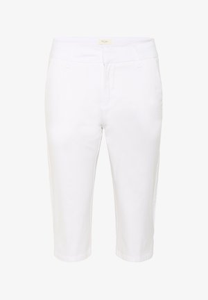 Weiße, knöchellange Baumwollhose mit glatter Textur, ausgestattet mit einem klassischen Bund und Fronttaschen. Schlichtes, sauberes Design.