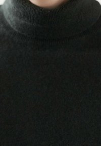 Pull à col roulé foncé avec une texture côtelée et un col haut. Le tissu semble doux et épouse bien la forme, avec des coutures peu visibles.