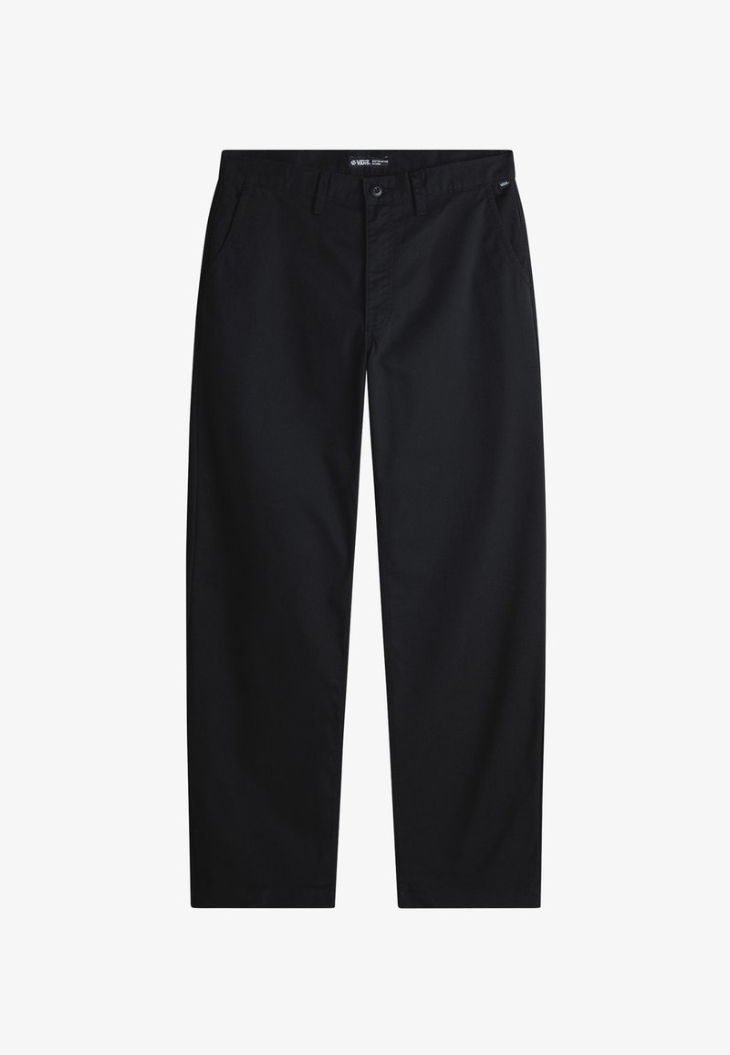 Zwarte katoenen chinos met een recht model, voorzien van voorzakken, knoopsluiting en een subtiel merkembleem op de tailleband.