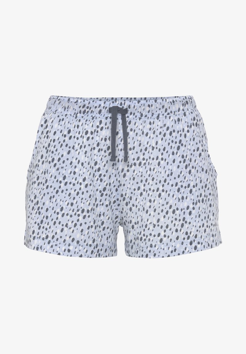 Blauwe en witte korte broek met een trekkoord in de tailleband, voorzien van een gespspeckeld ontwerp in donkergrijs en lichtgrijs.