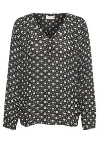 Czarna i biała bluzka z długim rękawem w dekolcie V z geometrycznym wzorem siatki składającym się z nakładających się okręgów i kwadratów.