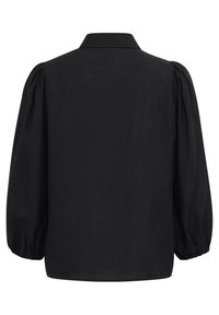 Blusa negra con cuello, mangas abullonadas y puños fruncidos. Hecha de una tela ligera con una textura suave. Vista trasera mostrada.