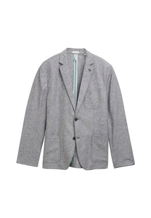Blazer gris en tissu texturé, avec deux poches frontales, une fermeture à un bouton et une doublure bleu clair.