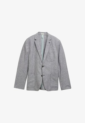 Blazer grigio realizzato in tessuto texturizzato, con due tasche frontali, chiusura a un bottone e fodera blu chiaro.