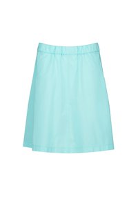 Falda de color azul claro, hasta la rodilla, hecha de un material liso y ligero con cinturilla elástica y diseño minimalista, sin patrones visibles.