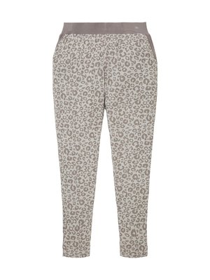 Pantalons en imprimé léopard beige avec une texture douce, une taille élastique et une coupe ajustée. Le matériau est léger et confortable pour un port décontracté.