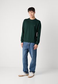 Groene sweatshirt met lange mouwen en ronde hals, gecombineerd met blauwe jeans en witte sneakers. Bevat een klein logo op de borst.