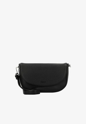 Borsa a spalla in pelle nera texture con patta curva, hardware in argento e tracolla regolabile. Logo del marchio visibile sul fronte.