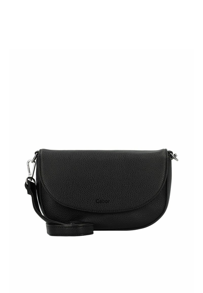 Borsa a spalla in pelle nera texture con patta curva, hardware in argento e tracolla regolabile. Logo del marchio visibile sul fronte.