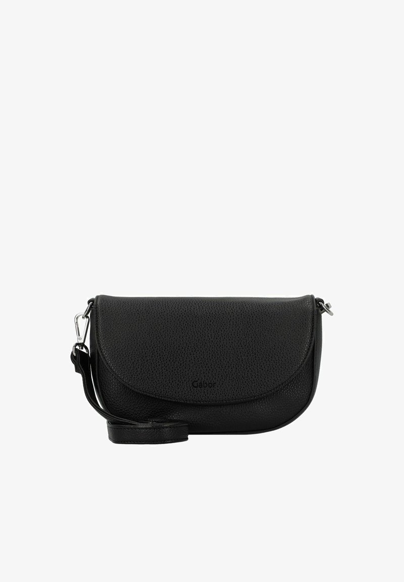 Borsa a spalla in pelle nera texture con patta curva, hardware in argento e tracolla regolabile. Logo del marchio visibile sul fronte.