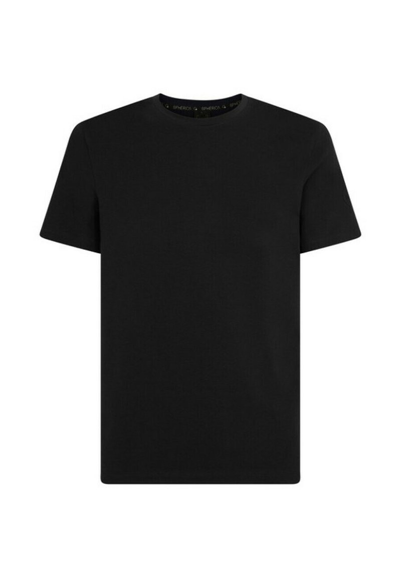 T-shirt nera a maniche corte con scollatura rotonda. Il tessuto appare liscio con un colore uniforme, senza motivi o decorazioni.