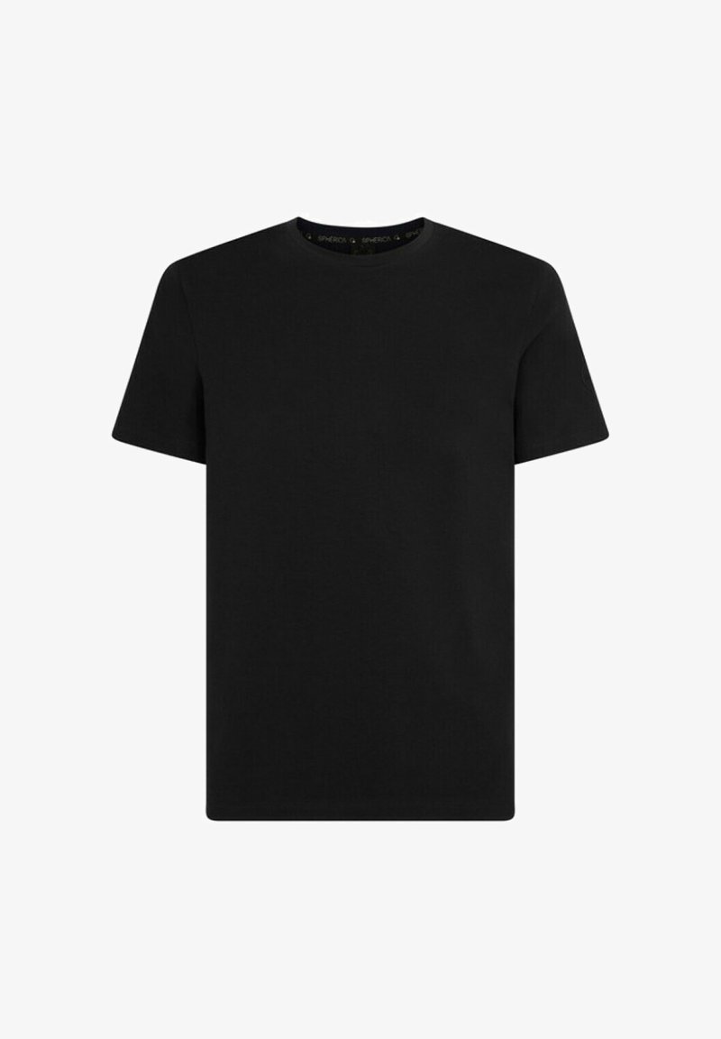T-shirt nera a maniche corte con scollatura rotonda. Il tessuto appare liscio con un colore uniforme, senza motivi o decorazioni.