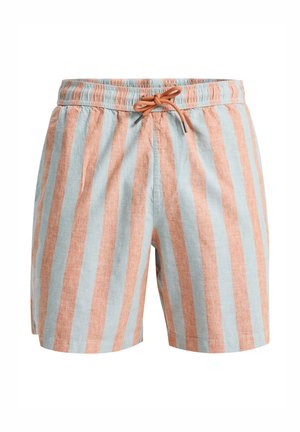Shorts a righe in blu chiaro e arancione. Realizzati in tessuto leggero con vita elastica e cordoncino per la regolazione.