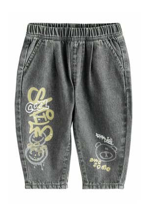 Halli teksari püksid elastse vöökohaga, millel on helekollaste ja valgete trükitud graafikatega, sealhulgas karu ja tekstimustrid.