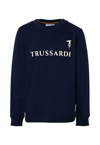 Felpa a maniche lunghe blu navy in cotone, con la scritta "TRUSSARDI" in lettere crema sul davanti e un design a collo rotondo.