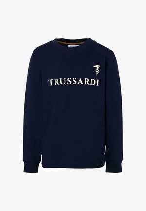 Granatowy sweatshirt z długim rękawem wykonany z bawełny, z napisem "TRUSSARDI" w kremowym kolorze na przodzie oraz okrągłym dekoltem.
