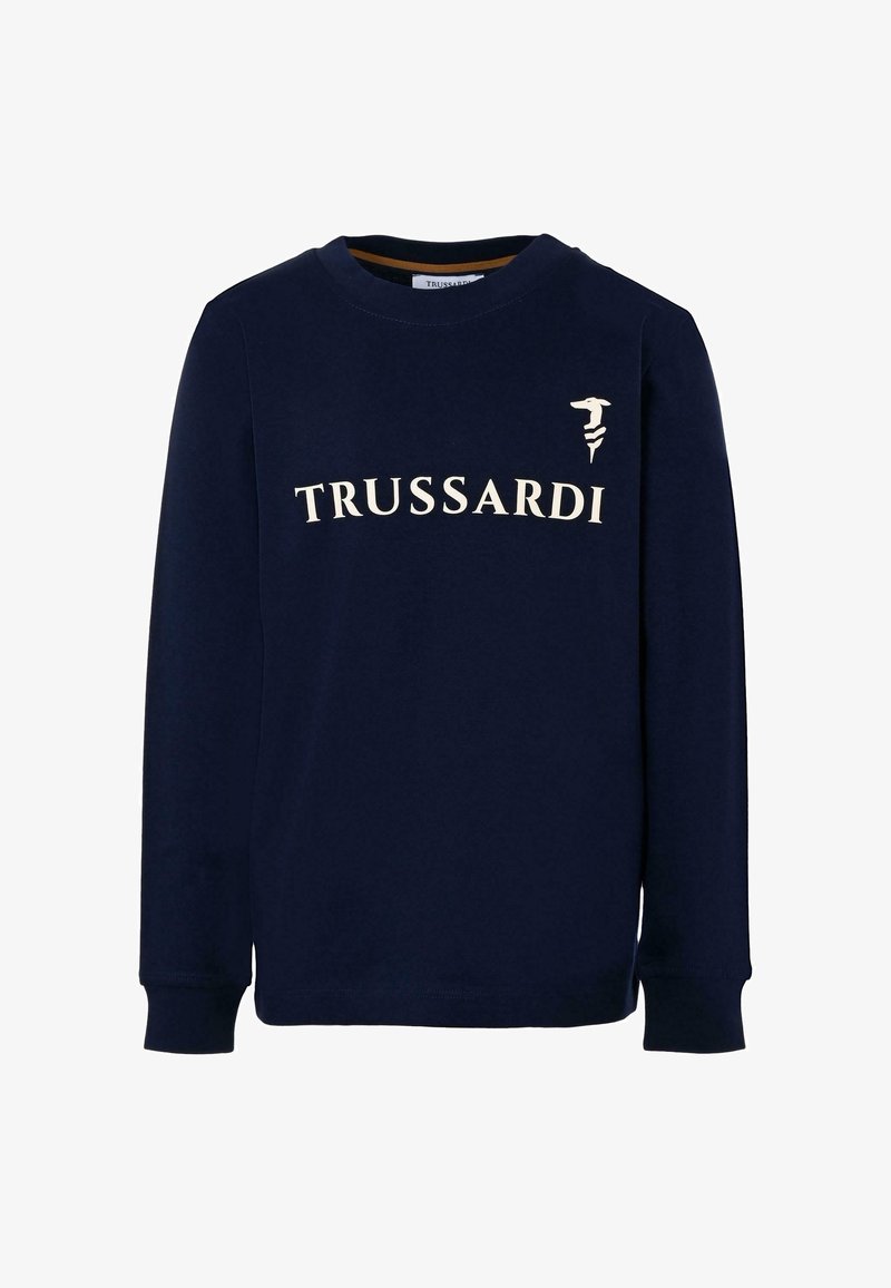 Felpa a maniche lunghe blu navy in cotone, con la scritta "TRUSSARDI" in lettere crema sul davanti e un design a collo rotondo.