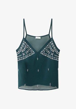 Canotta verde senza maniche con scollo a V, caratterizzata da ricami floreali bianchi sul petto e motivi decorativi su tutto il capo. Tessuto leggero.