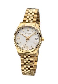 Montre en métal doré avec un cadran argenté texturé, des index horaires dorés et un affichage de la date. Elle présente un bracelet à maillons tressés et un design de lunette cannelée.