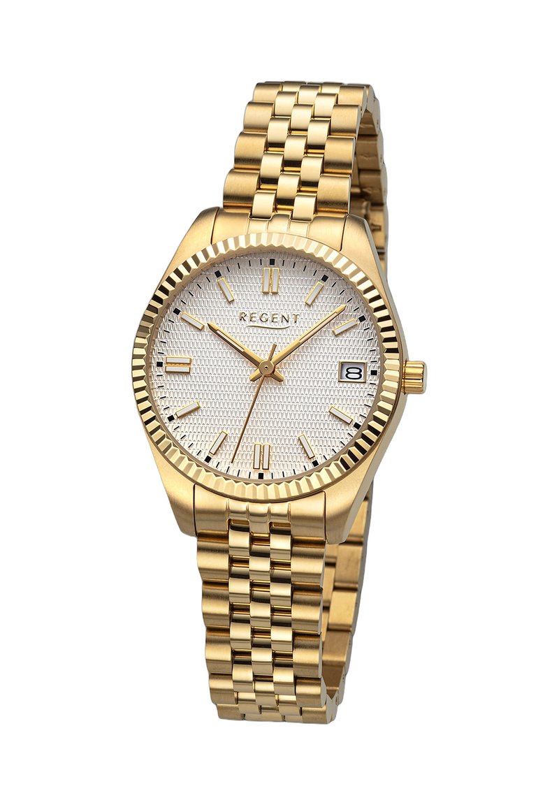 Montre en métal doré avec un cadran argenté texturé, des index horaires dorés et un affichage de la date. Elle présente un bracelet à maillons tressés et un design de lunette cannelée.